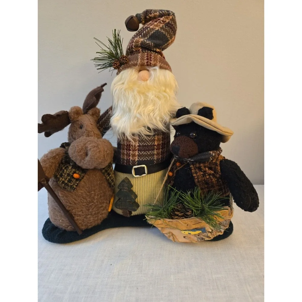 Vtg Napco Mimi Doll Santa Claus Moose and Black Bear Plush Figurine 12x12 Cabin